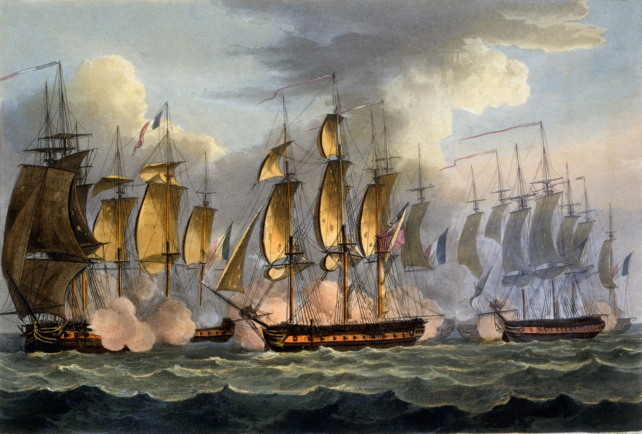 La Prévoyanten ja La Raisonin valloitus 17. toukokuuta 1795, James Jenkinsin teoksesta "The Naval Achievements of Great Britain", kaiverrettu Thomas Sutherlandin toimesta, julkaistu 1817 (käsin värjätty akvatintta). tekijältä Thomas Whitcombe
