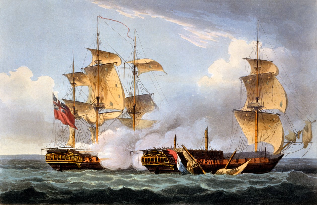 The Capture of La Vestale, 20. elokuuta 1799, James Jenkinsin teoksesta The Naval Achievements of Great Britain, kaivertanut Thomas Sutherland, julkaistu 1817 (käsinvärinen akvatinta) tekijältä Thomas Whitcombe