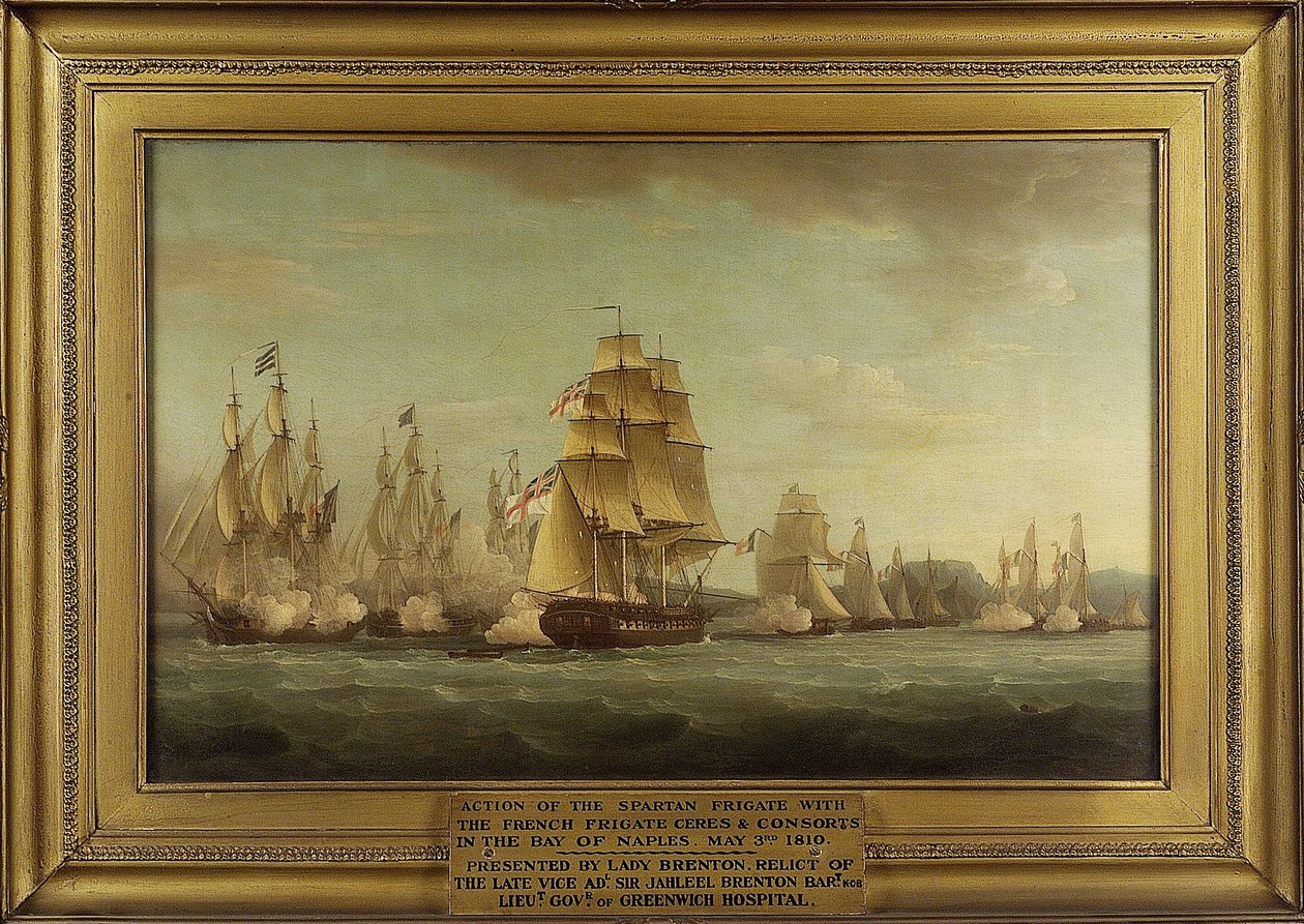 HMS "Spartan" ja ranskalaiset fregatit: taistelujen alku, 3. toukokuuta 1810, Napolinlahti (Italia). Öljy kankaalle tekijältä Thomas Whitcombe