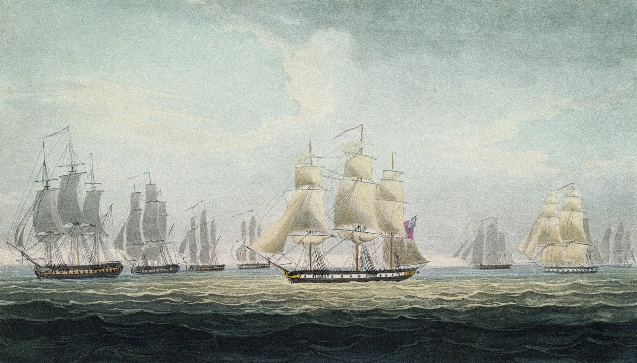 Sir Graham Mooren (1764-1843), Britannian kuninkaallisen laivaston neljän fregatin laivueen komentajan, joka valtasi espanjalaisen aarrelaivaston Cádizin edustalla Espanjassa 5. lokakuuta, merivoimien manööveri. tekijältä Thomas Whitcombe