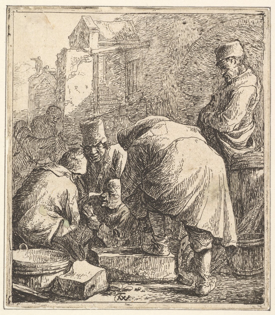 Mies säätelemässä jalkineita, vasemmalla Kolme miestä pelikorttia, 1630-77. tekijältä Thomas Wijck