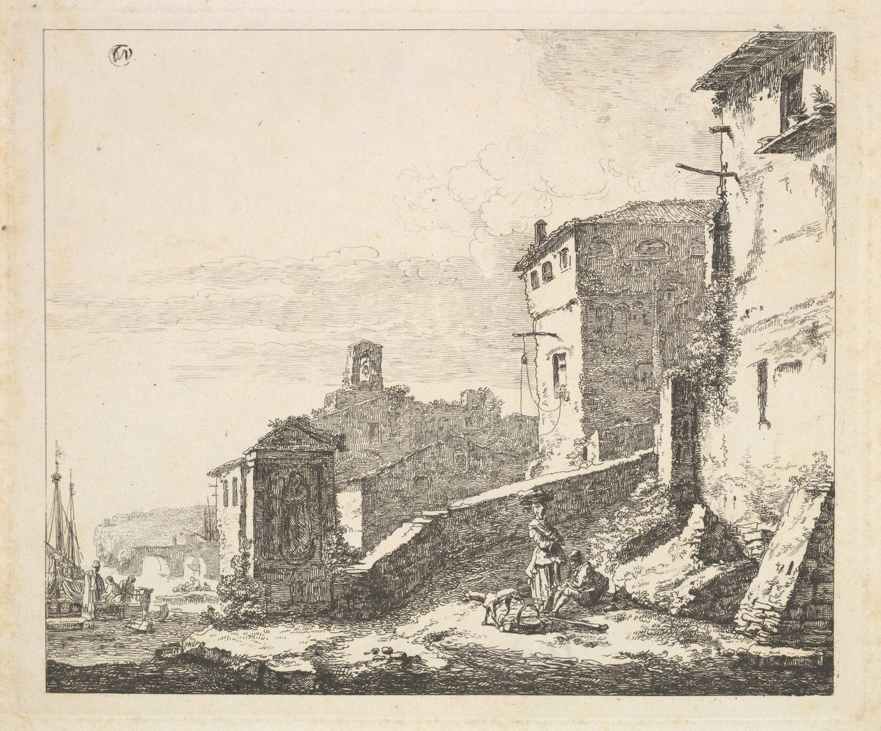 Kyläkohtaus, jossa nainen seisoo istuvan miehen vieressä, kopio, 1600-luku. tekijältä Thomas Wijck