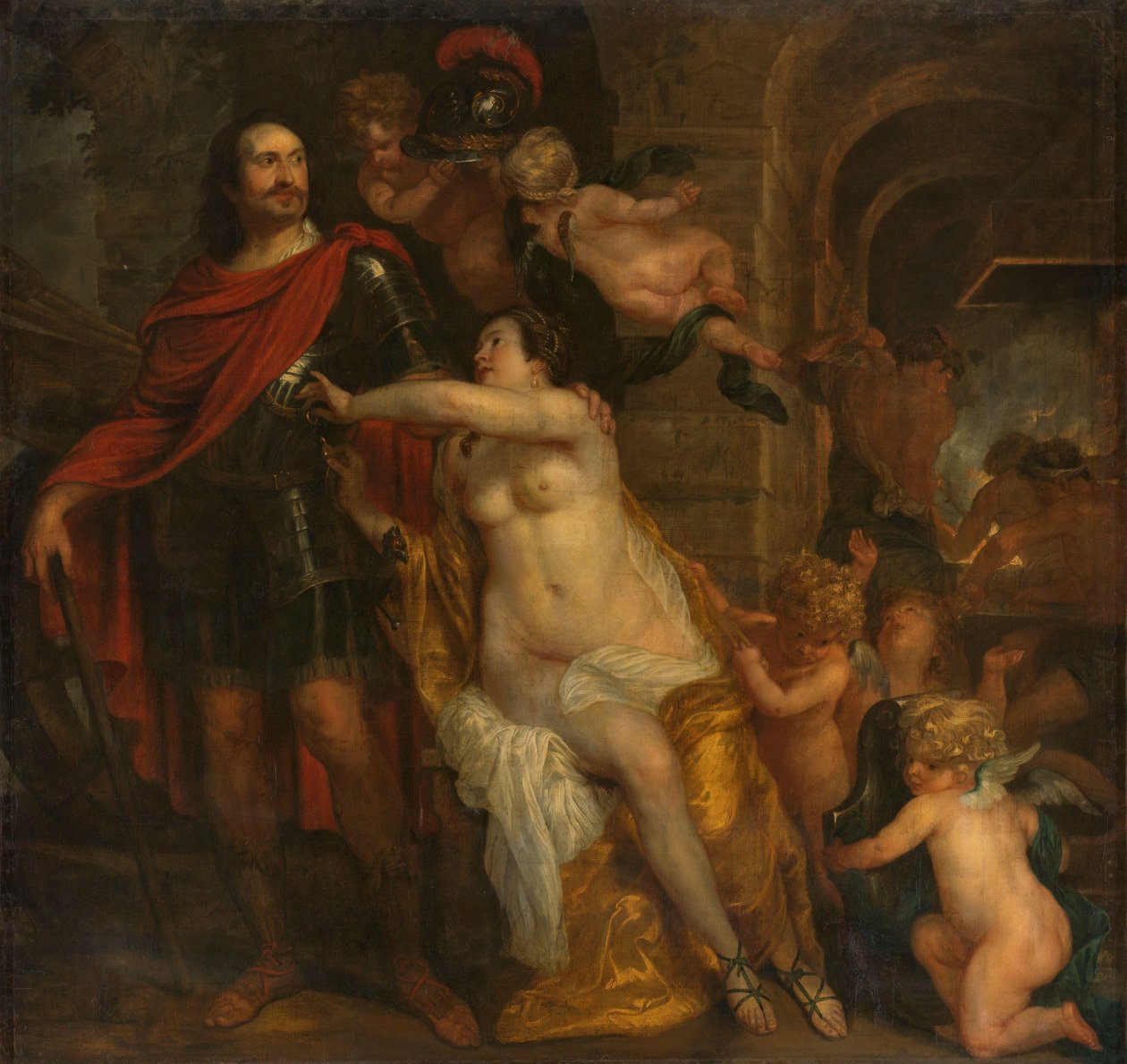 Venus aseistamassa soturia, mahdollisesti Johan Mauritsa Vulcanin pajassa tekijältä Thomas Willeboirts Bosschaert