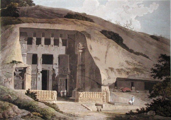 Kaivettu temppeli Salsetten saarella, levy III julkaisusta Oriental Scenery, julkaistu 1799 (värillinen akvatinta) (katso 136976) tekijältä Thomas und William Daniell