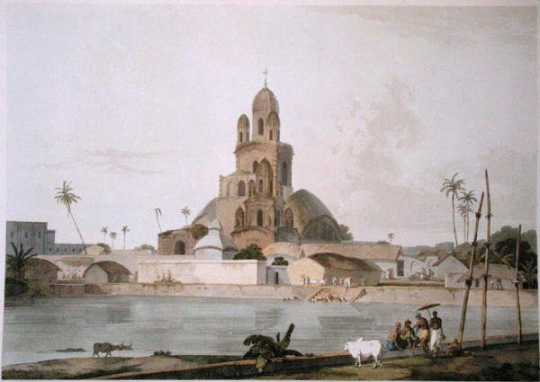 Govinda Ram Mitteen pagodi, Kalkutta, levy V teoksesta "Oriental Scenery", julkaistu 1800 (värillinen akvatinta) tekijältä Thomas und William Daniell