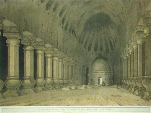 Kaivetun hindutemppelin sisustus Salsetten saarella, levy 63 julkaisusta Oriental Scenery: Twenty Four Views in Hindoostan, julkaistu 1800 (värilitho) tekijältä Thomas und William Daniell