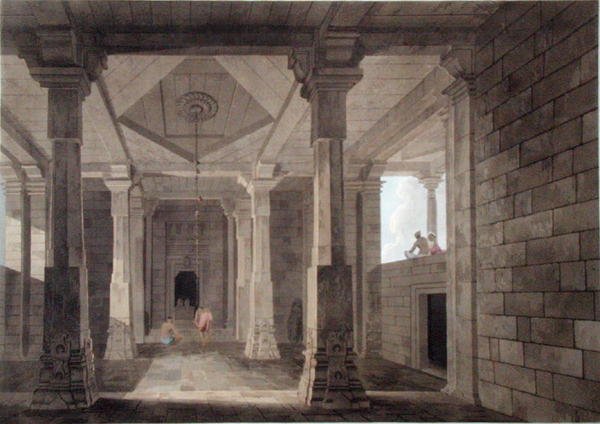 Osa hindootemppelin sisusta Deossa Baharissa, levy VI julkaisusta "Oriental Scenery", julkaistu 1800 (värillinen akvatinta) tekijältä Thomas und William Daniell