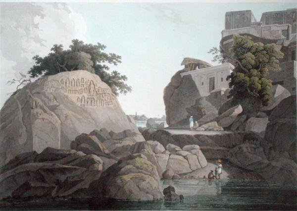 Kaakkoisnäkymä Fakeers Rockista Ganges-joella, lähellä Sultaungungea, levy X julkaisusta Oriental Scenery, julkaistu 1800 (värillinen akvatinta) (katso myös 86311) tekijältä Thomas und William Daniell
