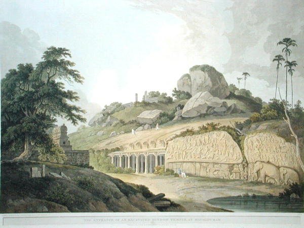 Mavalipuramissa kaivetun hindootemppelin sisäänkäynti, levy 53 julkaisusta Oriental Scenery: Twenty Four Views in Hindoostan, julkaistu 1797 (värilitho) tekijältä Thomas und William Daniell