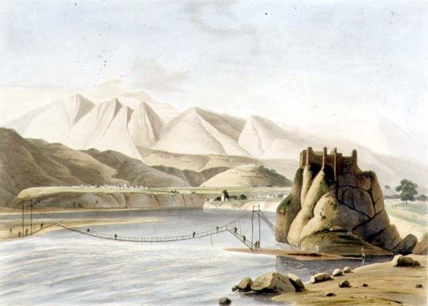 Köysilta Sirinagurissa, levy XXIII osasta 6 "Oriental Scenery", pub. 1805 (akvatinta) tekijältä Thomas und William Daniell