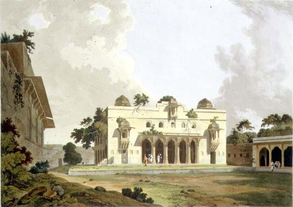 Rauniot Rotas Gurissa, Baharissa, levy II osasta 4 Oriental Scenery, pub. 1801 (akvatinta) tekijältä Thomas und William Daniell