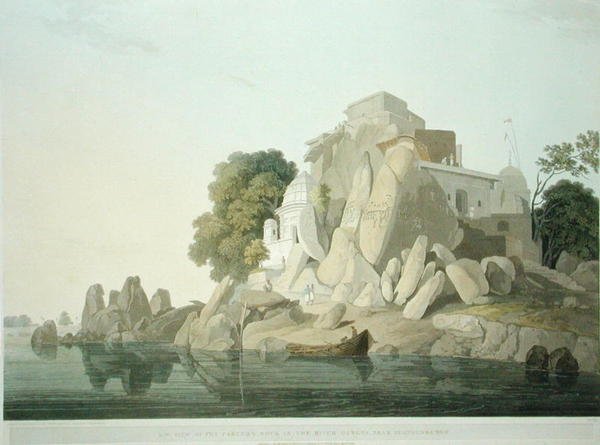 S.W. Näkymä Fakeers Rockille Ganges-joessa lähellä Sultaungungea, levy 61 julkaisusta Oriental Scenery: Twenty Four Views in Hindoostan, julkaistu 1800 (värilitho) tekijältä Thomas und William Daniell