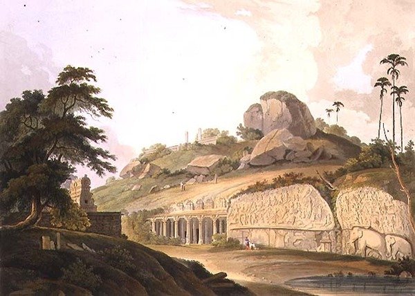 Mavalipuramissa kaivetun hindoo-temppelin sisäänkäynti, levy II osasta "Oriental Scenery", pubi. 1799 (akvatinta) tekijältä Thomas und William Daniell