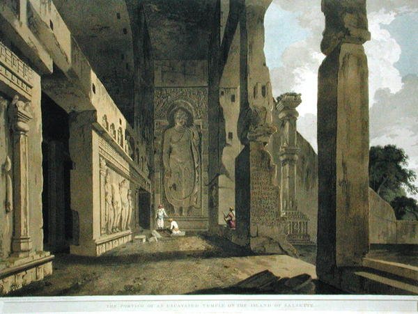 Kaivetun temppelin portico Salsetten saarella, levy 55 julkaisusta Oriental Scenery: Twenty Four Views in Hindoostan, julkaistu 1799 (värilitho) (katso 195050) tekijältä Thomas und William Daniell