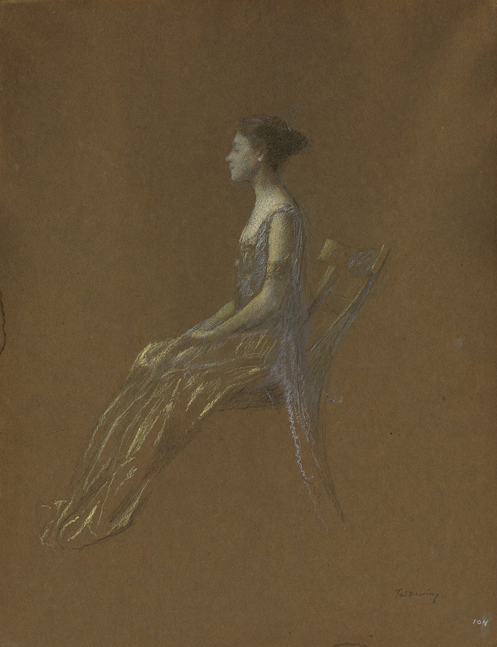 Istuva nainen keltaisessa mekossa (pastelliväri paperilla) tekijältä Thomas Wilmer Dewing