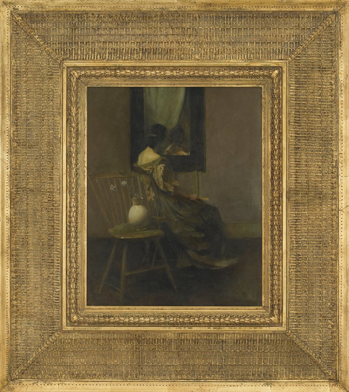 Mirror, 1907 (öljy puulevylle) tekijältä Thomas Wilmer Dewing