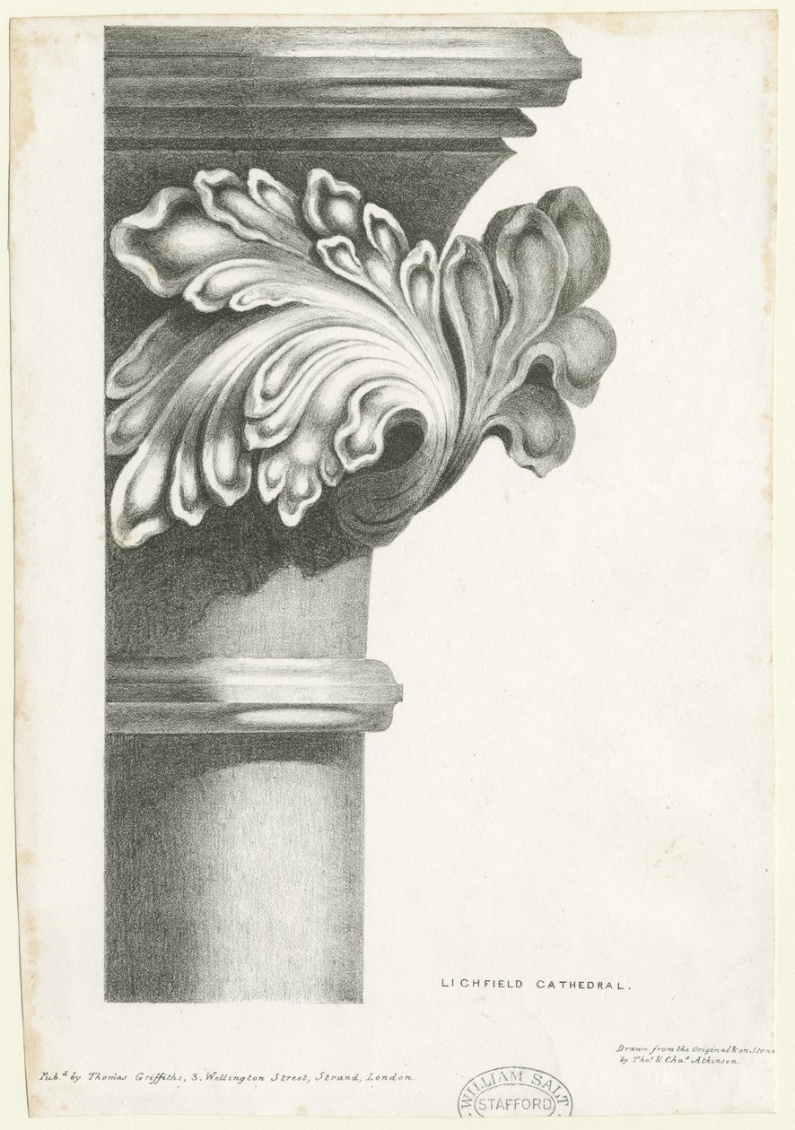 Lichfieldin katedraalin sisustus - Veistetty lehdet: litografia ja [?1800-luku] (painettu) tekijältä Thomas Witlam Atkinson