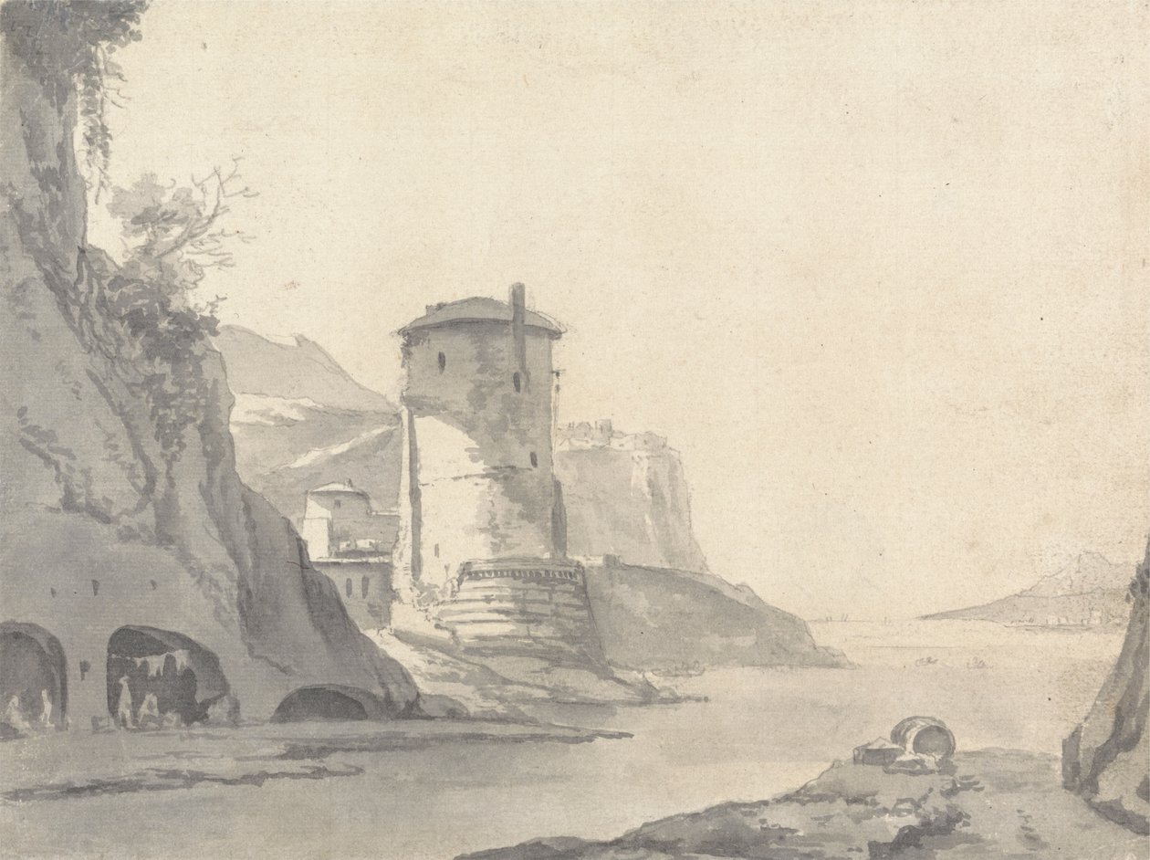 Kylä Rocky Coastal Inletissä (italialainen?) Pyöreän tornin vasemmalla rannalla tekijältä Thomas Wyck