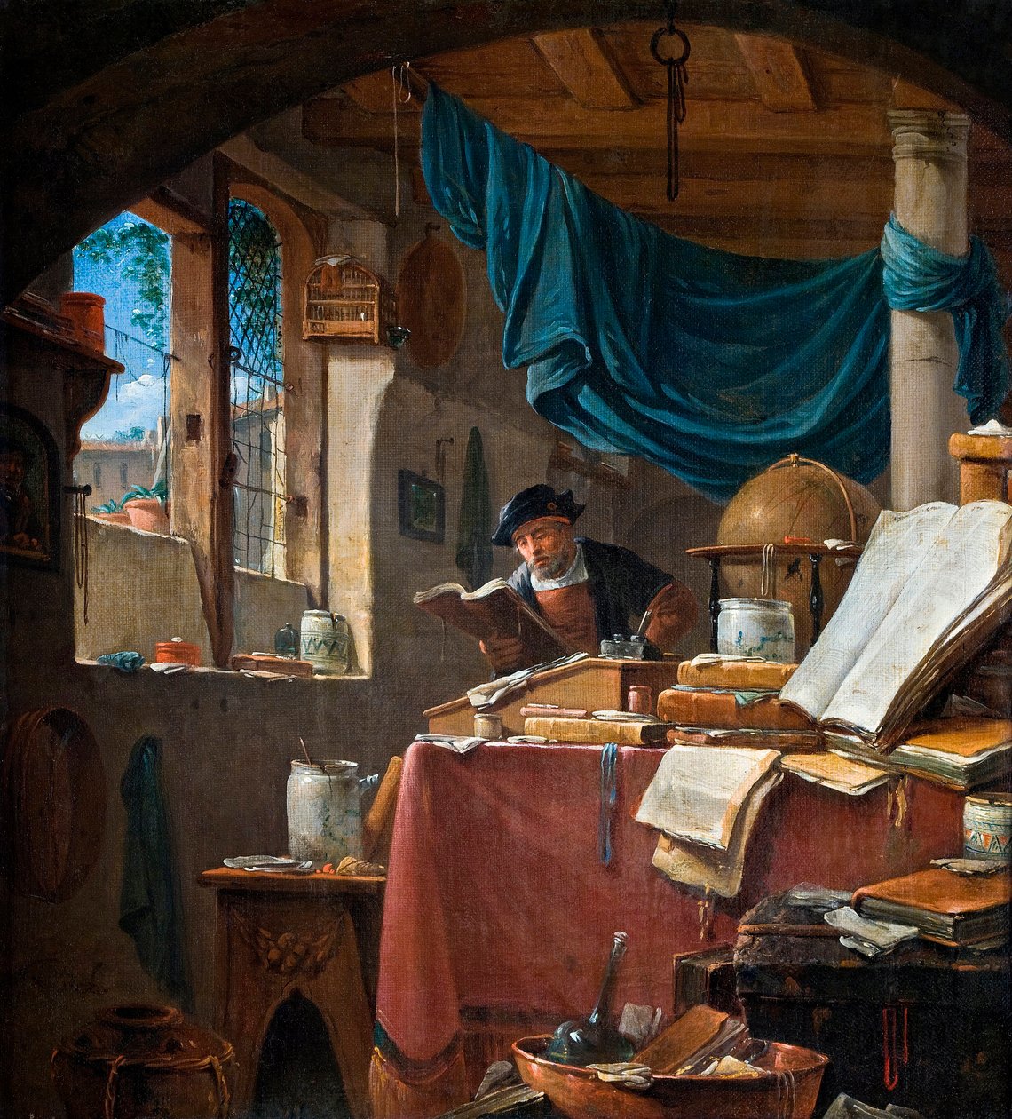 ""Un savant dans son bureau"" (Tutkija tutkimuksessaan) Thomas Wyckin (Wyjck ou Wijckin) maalaus (ver 1616-1677) - Öljy kankaalle - 33,5x31 - Hallwylska Museet, Tukholma tekijältä Thomas Wyck