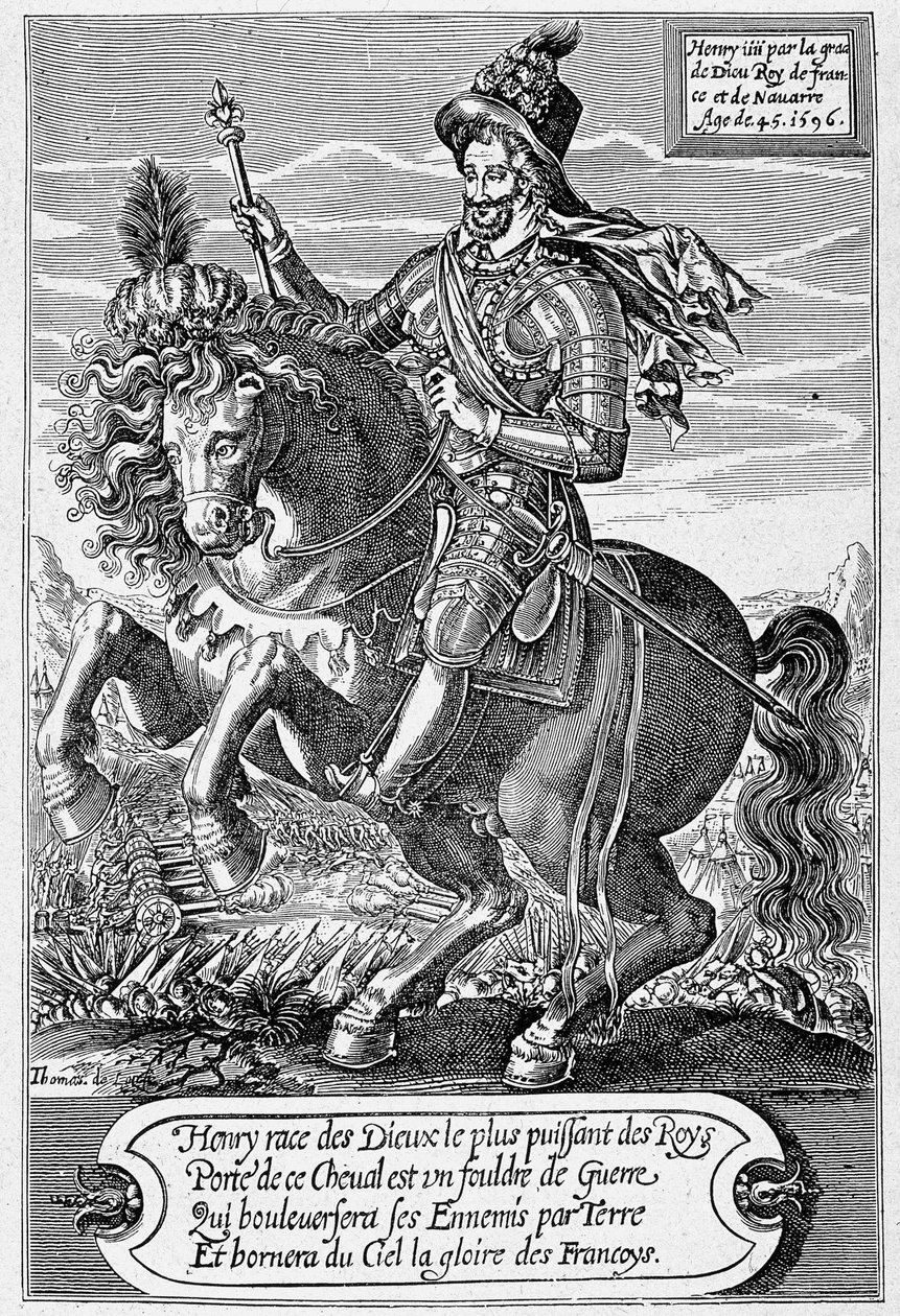 Henry IV:n (1553 - 1610) (hevosen) muotokuva 45-vuotiaana, kaiverrus Thomas de Leu. tekijältä Thomas de Leu
