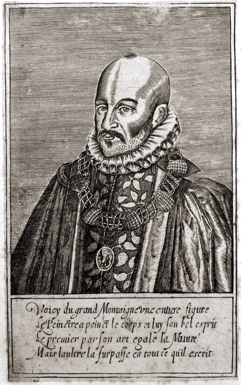 Ranskalaisen kirjailijan Michel de Montaignen (1533-1592) muotokuva. Kaiverrus Thomas de Leu. (1560-1612). tekijältä Thomas de Leu