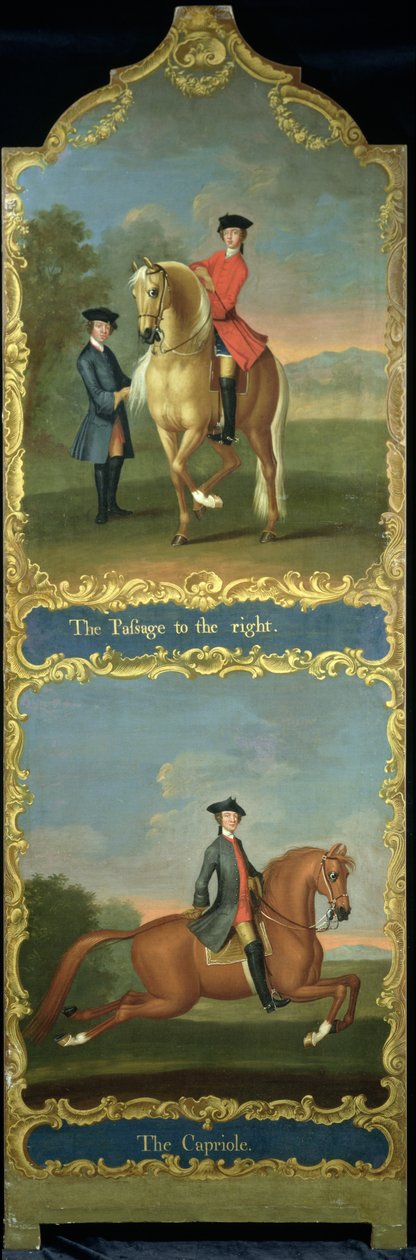 "The Passage to the Right" (ylhäällä) ja "The Capriole" (alhaalla), n. 1750 tekijältä Thomas, of Pall Mall Butler