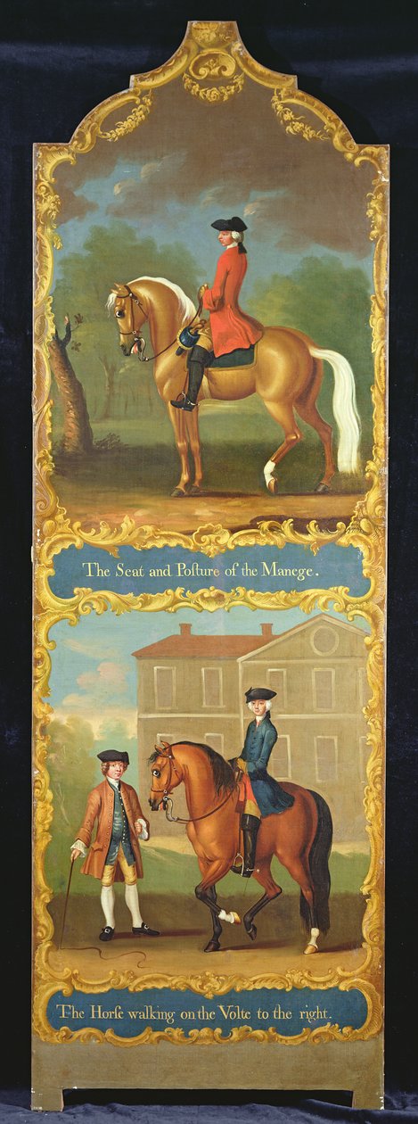 "Maneesin istuin ja asento" (ylhäällä) ja "Hevonen kävelee Voltessa oikealle" (alhaalla), n. 1750 tekijältä Thomas, of Pall Mall Butler