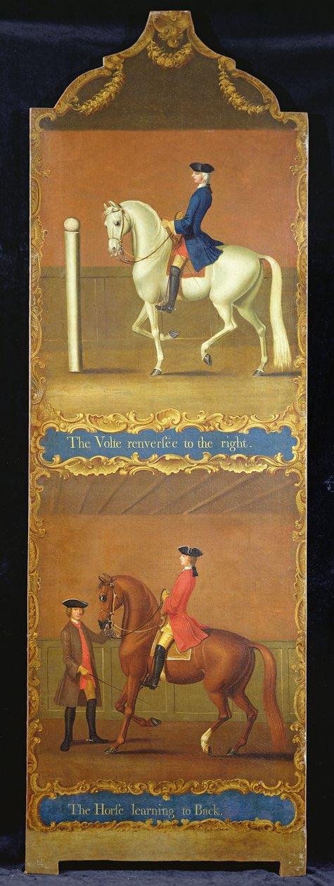 "The Volte Renversee to the Right" (ylhäällä) ja "The Horse Learning to back" (alhaalla), n. 1750 tekijältä Thomas, of Pall Mall Butler