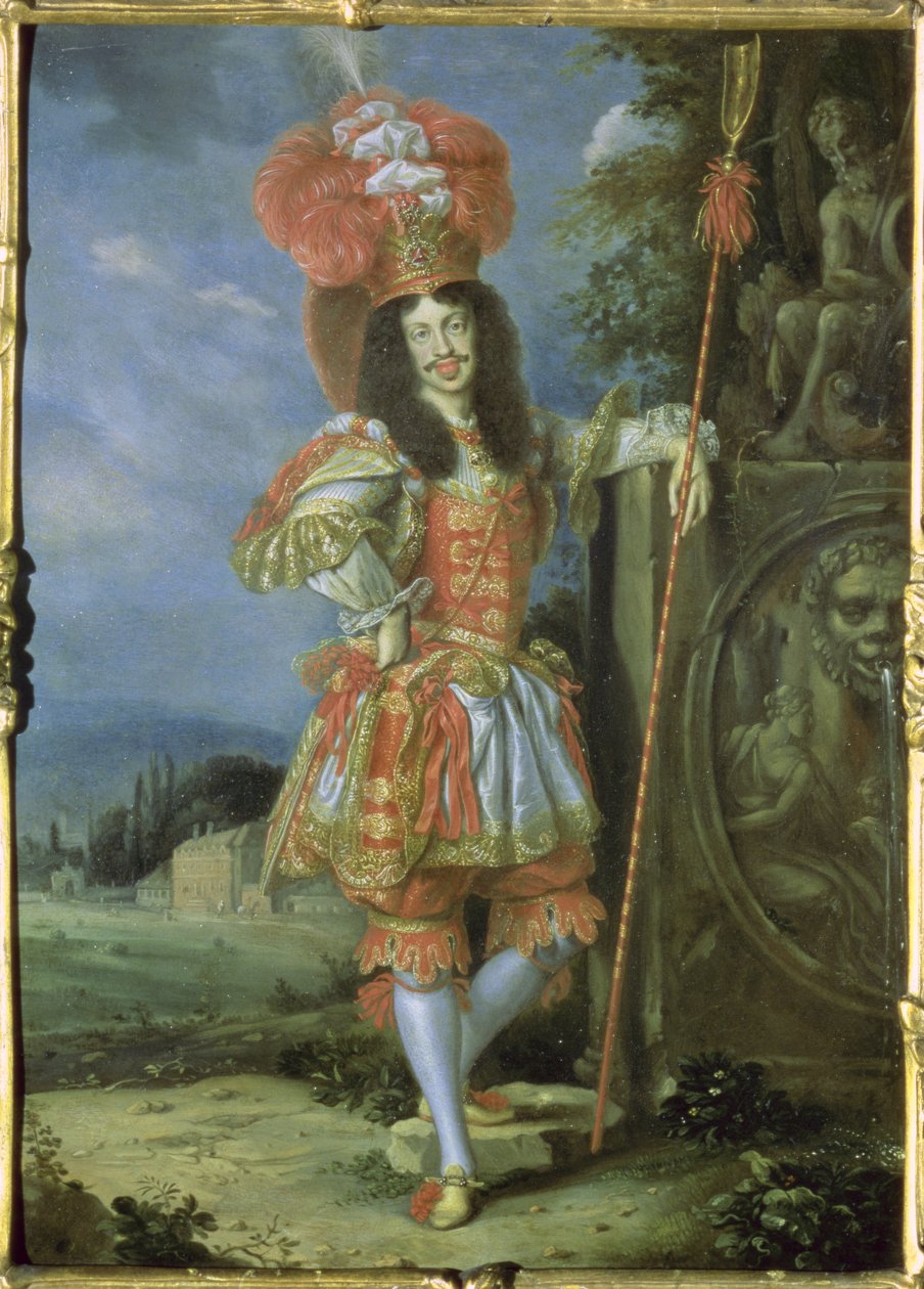 Leopold I (1640-1705), Pyhän Rooman keisari, teatteriasussa, pukeutunut La Galatean Acisiksi, Antonio Draghin säveltämä favola, 1667 (öljy kuparille) tekijältä Thomas of Ypres