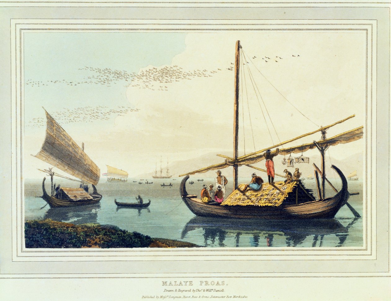 Malaye Proas, levy 17 teoksesta "A Picturesque Voyage to India", 1810 (akvatinta) tekijältä Thomas und William Daniell