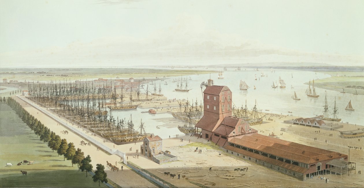 Mastotalo ja Brunswickin laituri Blackwellissä, 1803 (akvatinta) tekijältä Thomas und William Daniell