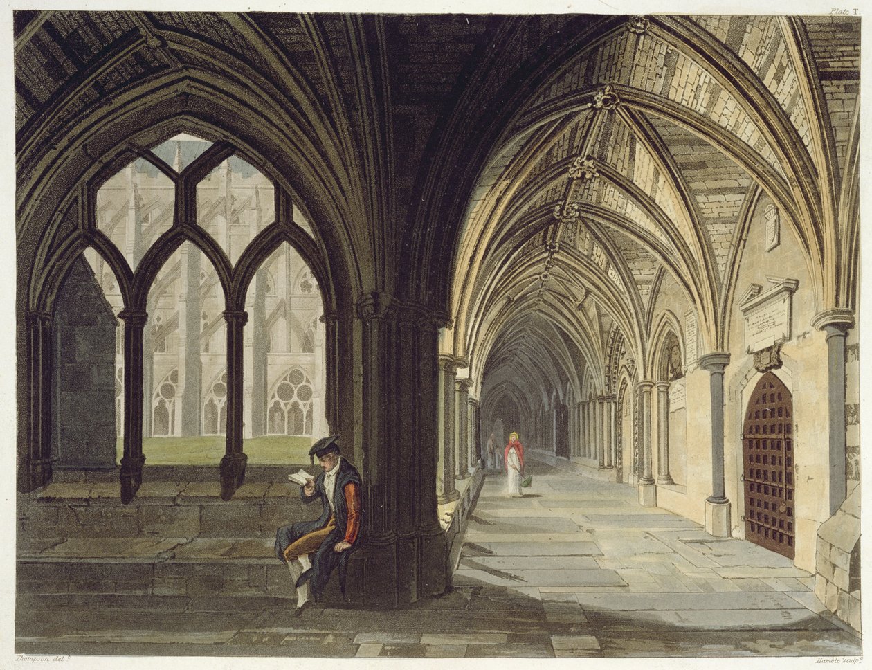 South East Angle of the Cloisters, levy T Westminster Abbeystä, kaiverrus J.R. Hamble (fl.1775-1825) pub. kirjoittanut Rudolph Ackermann (1764-1834) 1812 (akvatinta) tekijältä Thompson