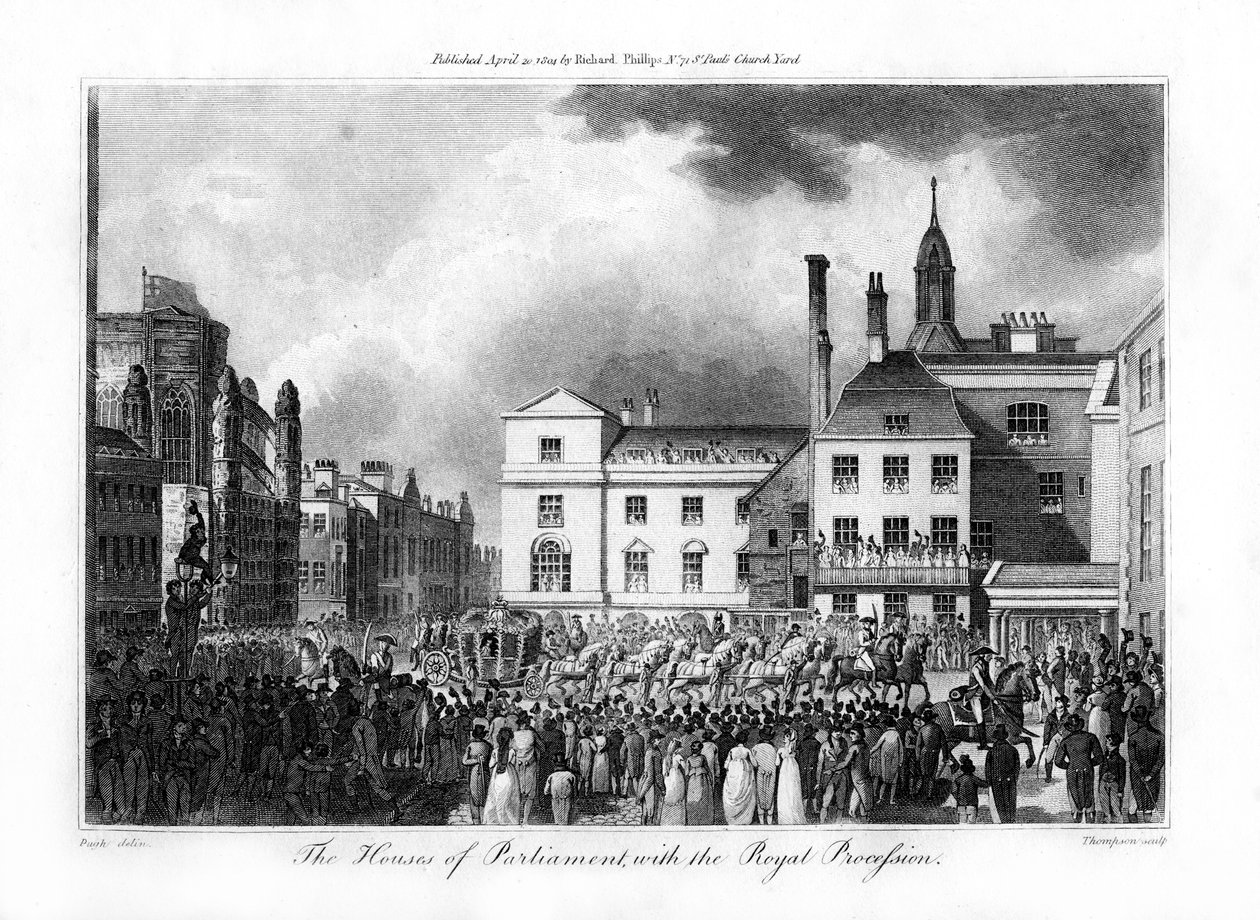 Parlamenttitalo Royal Processionin kanssa, Lontoo, 1804. tekijältä Thompson