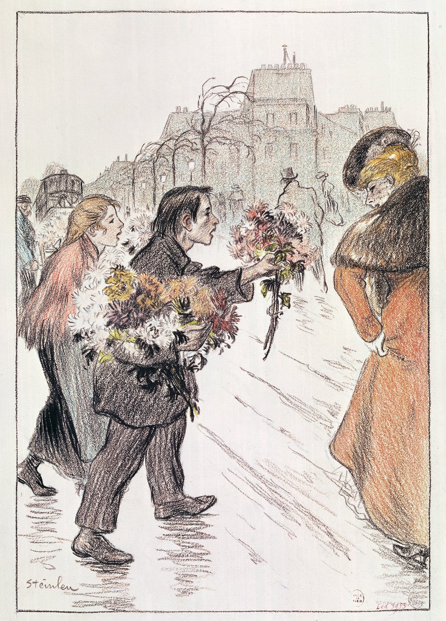 Kukkakauppiaita kävelemässä ulommilla bulevardeilla (lyijykynä ja väriliitu paperille). tekijältä Théophile Alexandre Steinlen
