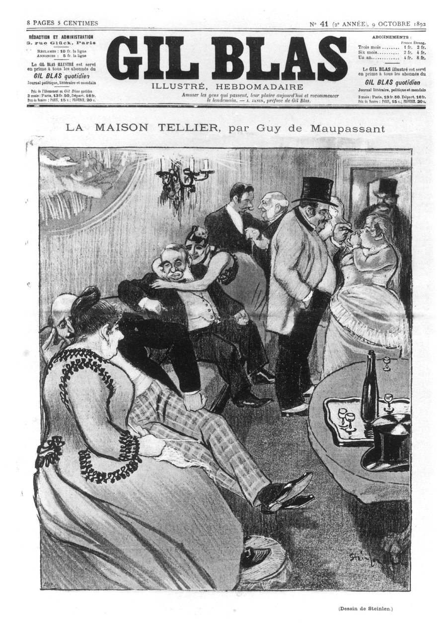 Kuvitus Guy de Maupassantin (1850-93) La Maison Tellier -teokseen, Gil Blasin etukansi, 9. lokakuuta 1892 (katso yksityiskohdat numerosta 170903) tekijältä Théophile Alexandre Steinlen