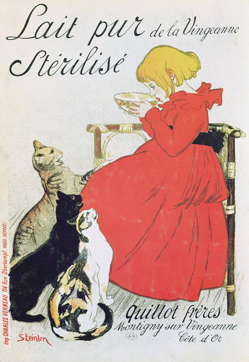 Juliste, jossa mainostetaan "Puhdasta steriloitua maitoa La Vingeannesta". tekijältä Théophile Alexandre Steinlen