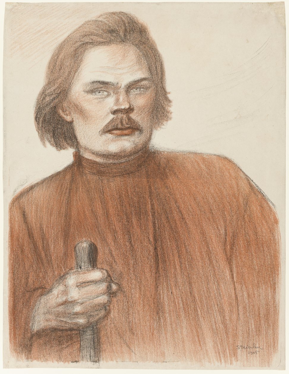 Etukuva Maxime Gorkista vyötäröstä ylöspäin tekijältä Théophile Alexandre Pierre Steinlen