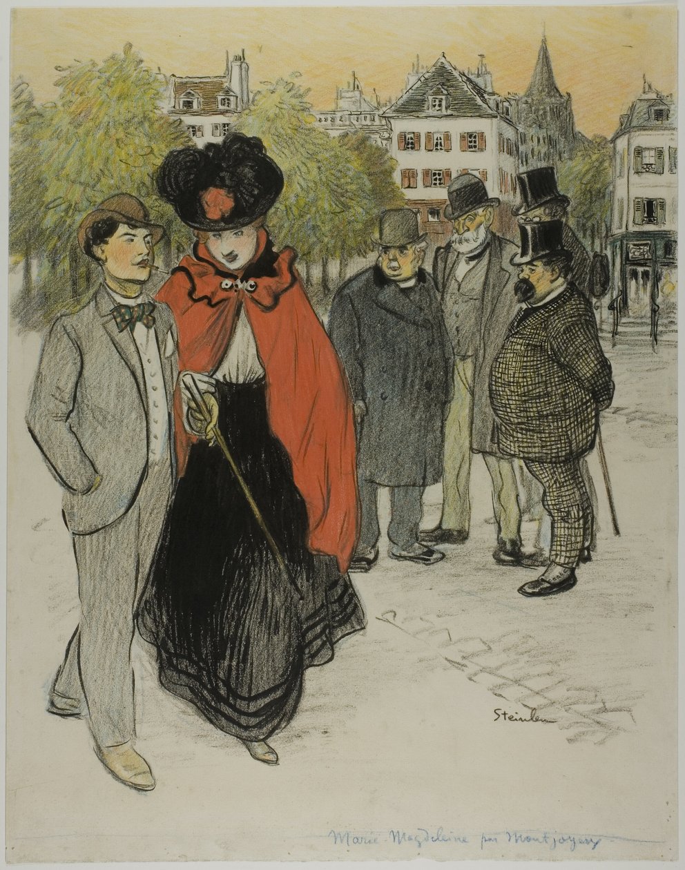 Herrasmies katselee pariskuntaa promenading tekijältä Théophile Alexandre Pierre Steinlen