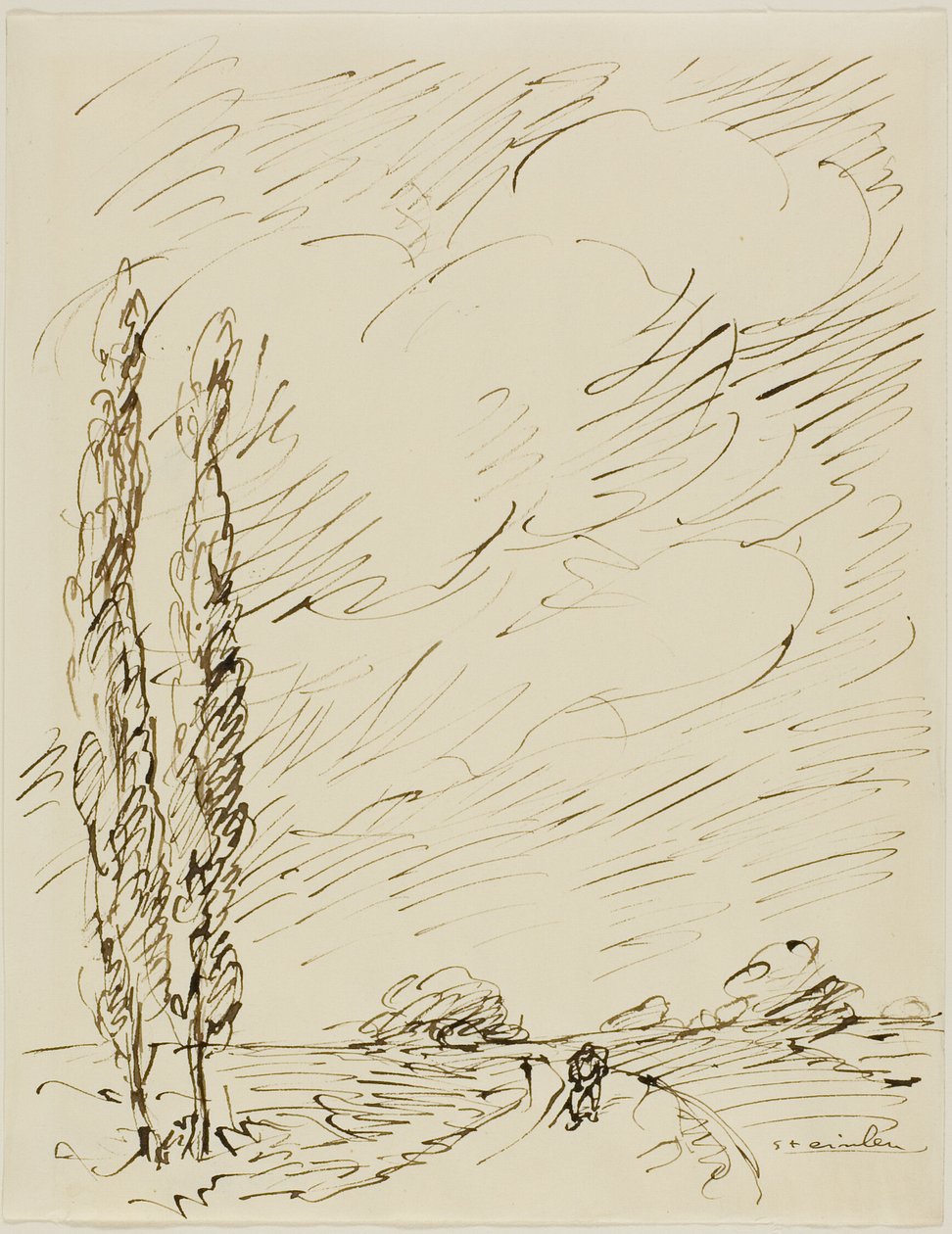 Kulkuri tiellä, jossa on kaksi poppelipuuta tekijältä Théophile Alexandre Pierre Steinlen
