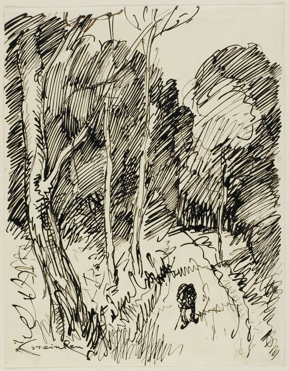 Metsäinen maisema ja Vagabond tekijältä Théophile Alexandre Pierre Steinlen