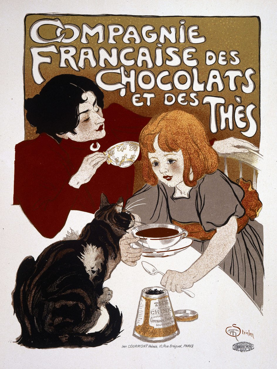 Mainonta "French Chocolate and Tea Companylle", kirjoittanut Steinlen, deb. 20. vuosisata tekijältä Théophile Alexandre Steinlen