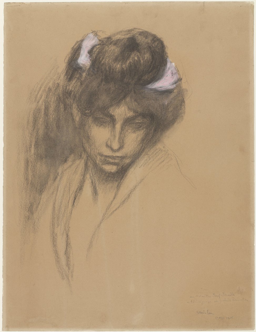 Tumma tytön pää, katselee eteenpäin, ja hänen hiuksissaan on purppuranauha tekijältä Théophile Alexandre Steinlen