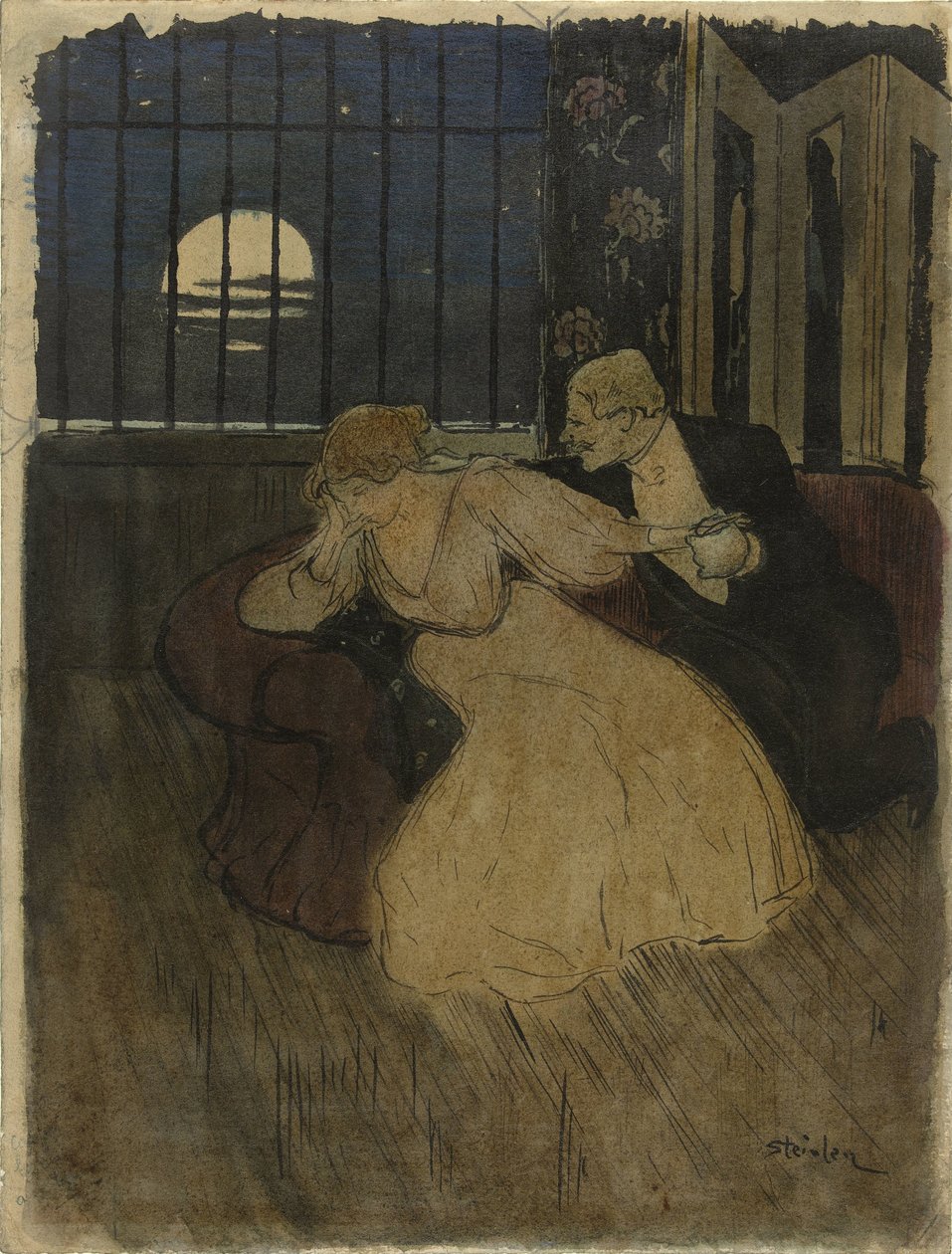 Hameinen herrasmies yrittää suostutella epäilevää naista sohvalla tekijältä Théophile Alexandre Steinlen