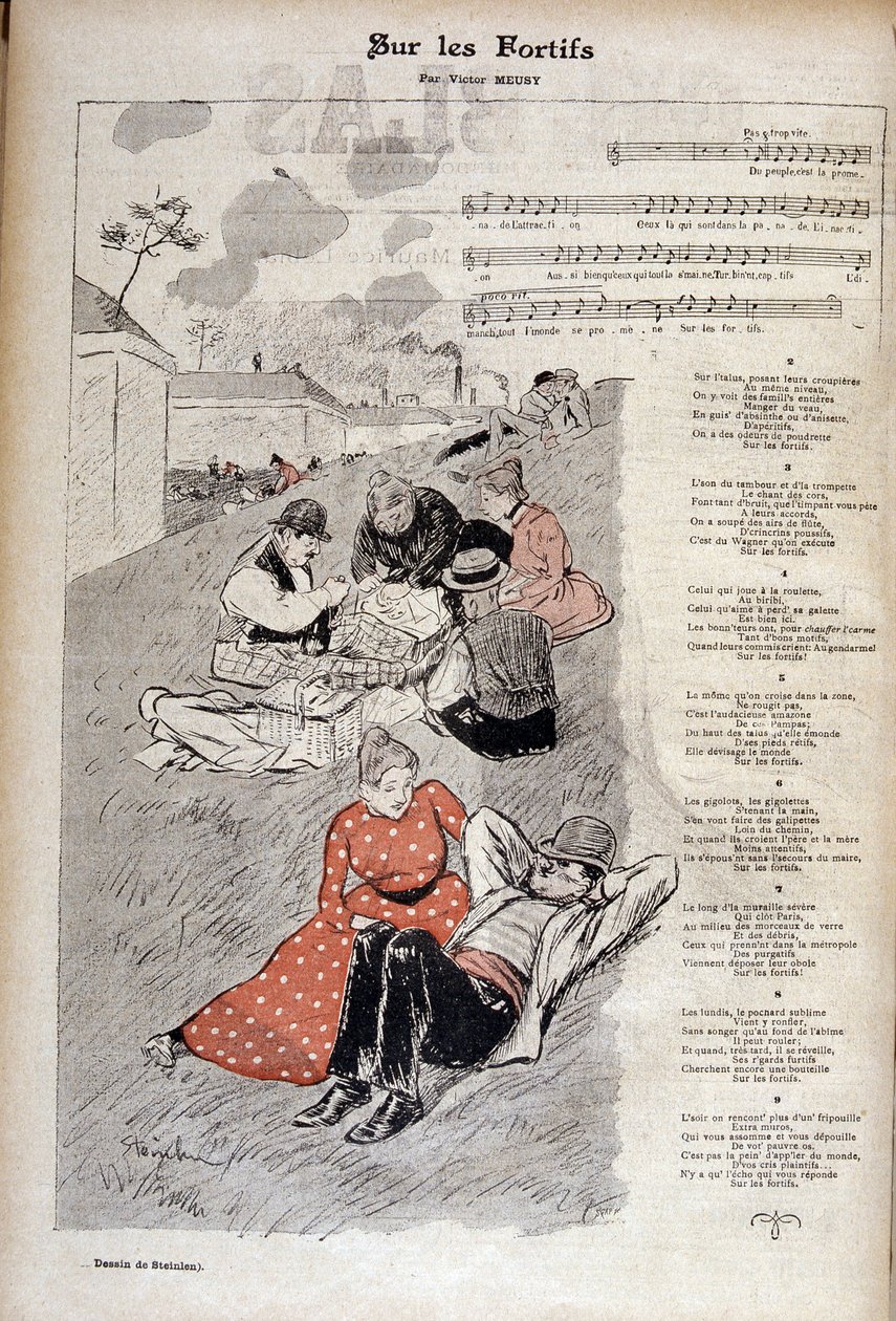 Suosittu Victor Meusyn kappale "" on the fortices" - piirros Theophile Alexandre Steinlenin teoksessa "" Gil blas illustrated"". tekijältä Théophile Alexandre Steinlen