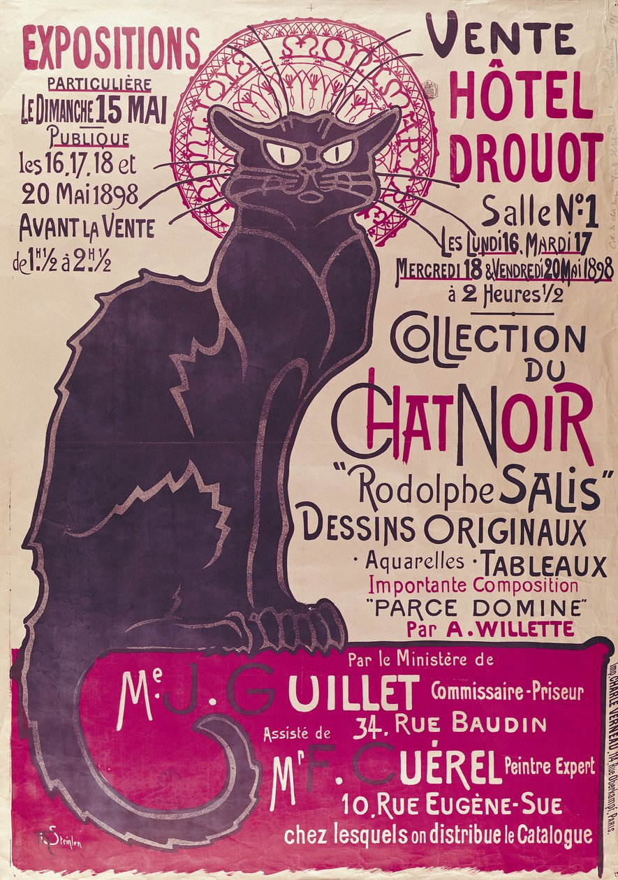 Juliste, joka mainostaa "Collection du Chat Noir" -kabareen näyttelyä Hotel Drouotissa, Pariisissa, toukokuussa 1898 tekijältä Théophile Alexandre Steinlen