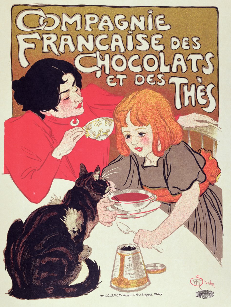 Compagnie Francaise des Chocolats et des Thes -yhtiötä mainostava juliste, n. 1898 (värilitho) tekijältä Théophile Alexandre Steinlen