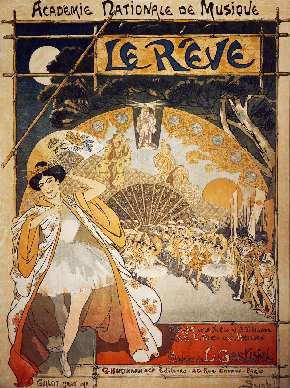 Le Reve -juliste, Alfred-Edouard Blaun ja Joseph Hansenin baletti, musiikki Leon Gastinel, Academie Nationale de Musique, Pariisi, Kustantaja Hartmann, Paris tekijältä Théophile Alexandre Steinlen