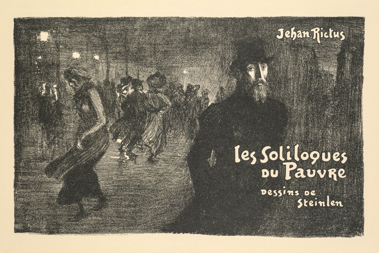 Sanomalehti- ja kirjakaupan esite: Jehan Rictuksen köyhän miehen yksinpuhelut tekijältä Théophile Alexandre Steinlen