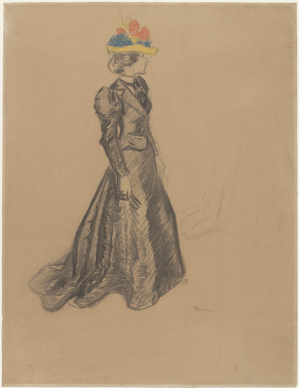 Mustassa seisova nainen, jossa on juna ja värillinen olkihattu kesäkukilla tekijältä Théophile Alexandre Steinlen
