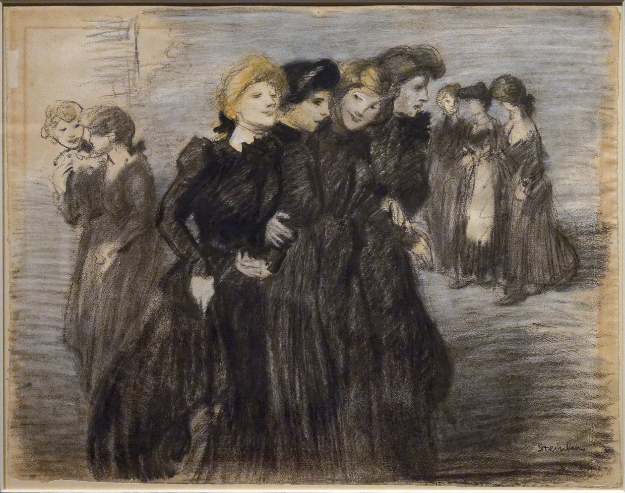 Midinettien poistuminen (ennen vuotta 1907). Theophile Alexandre Steinlen (1859-1923). Hiiltä ja pastellia paperille. Musee des Beaux-Arts de la Ville de Paris, PeuPalais. tekijältä Théophile Alexandre Steinlen